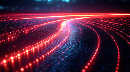 Colorful light trails weave through a dark digital space, creating a mesmerizing scene.の素材