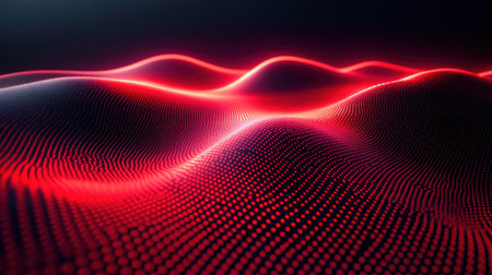 Red waves flow smoothly in a dark digital space, creating a vibrant display.の素材
