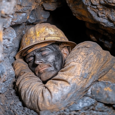 Worker takes a short break in a cramped coal mine while covered in dust and grime.の素材