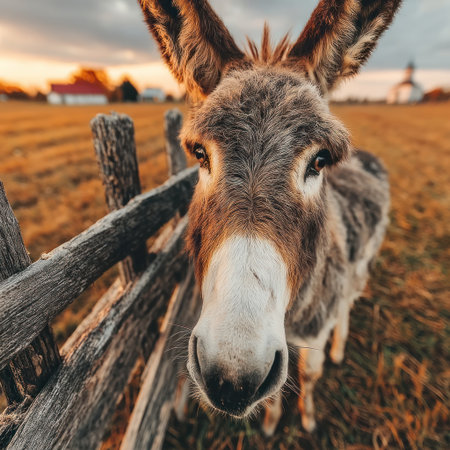 A friendly donkey gazes at the camera as the sun sets over the peaceful fields.の素材
