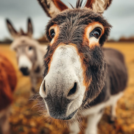 Curious donkey approaches the camera in a vibrant meadow surrounded by friends.の素材