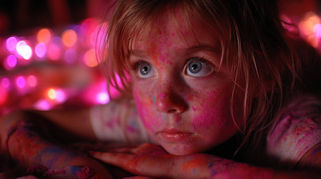A young child covered in bright paint looks curiously at colorful lights in the dark.の素材