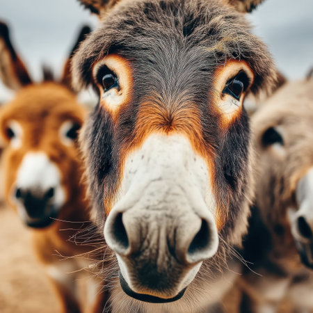 Three donkeys gaze curiously into the distance while standing on soft grass at dusk.の素材