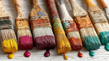 A collection of paintbrushes with vivid colors drips hanging from their bristles on wood.の素材
