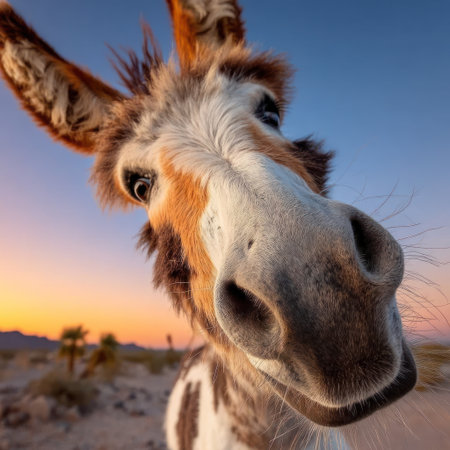 A curious donkey leans in, showing its gentle expression at sunset in the desert.の素材