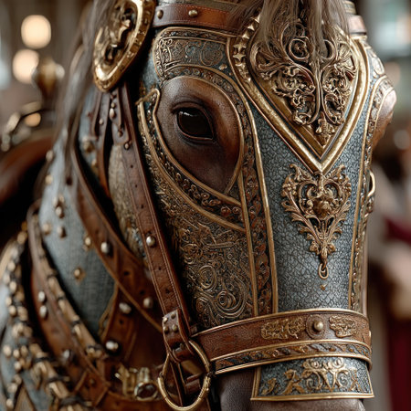 A beautifully adorned horse in ornate armor stands proudly, showing rich history.の素材