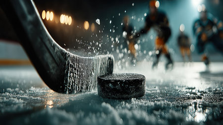 Players fiercely compete on ice, showcasing skill and teamwork in a vibrant atmosphere.の素材
