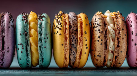 Vibrant macarons in various flavors create a joyful display in a cozy bakery.の素材