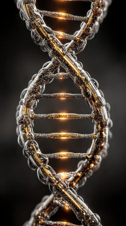 A stunning display of a glowing double helix with sparkling details in a dark setting.の素材
