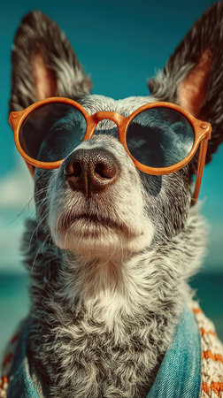 A dog relaxes on the beach wearing sunglasses, showcasing a laid back attitude.の素材
