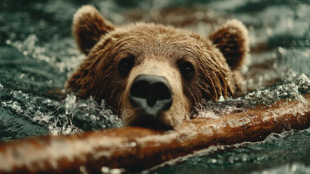 A brown bear glides through the water, clutching a log and enjoying a peaceful swim.の素材