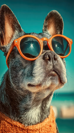 A trendy dog with sunglasses lounges on a sunny beach, exuding cool vibes.の素材