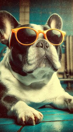 A stylish dog relaxes with sunglasses on, enjoying its cheerful indoor setting.の素材