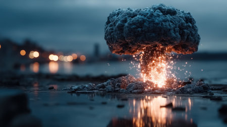 A striking explosion sends sparks flying above the water as night begins to fall.の素材