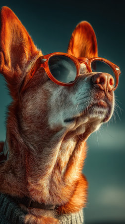 A dog enjoys the sun, displaying a cool demeanor while wearing sunglasses.の素材