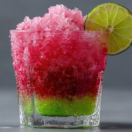 Refreshing slushy drink layered in bright colors served with a lime sliceの素材