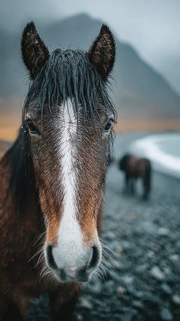 A beautiful horse stands close to the shore, with rain enhancing its natural beauty.の素材