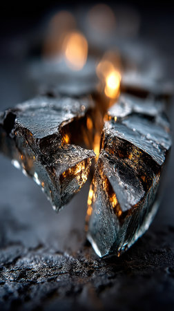 Cracked crystal pieces emit a warm glow, showcasing intricate textures in a dark setting.の素材