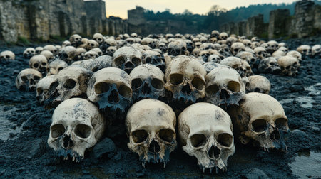 A haunting scene reveals numerous skulls scattered around an ancient, eerie site.の素材