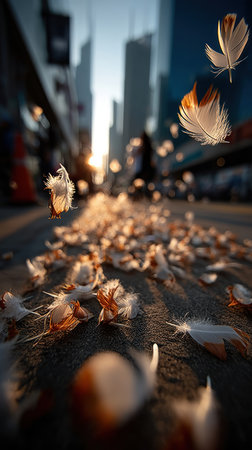 Feathers swirl gently down a bustling city street as the sun sets in the background.の素材
