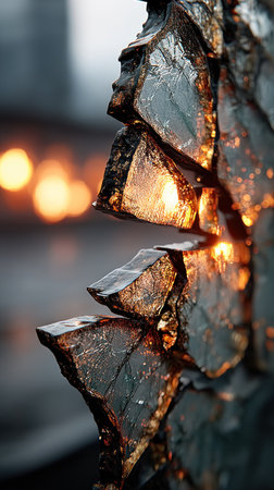 Shattered glass reflects warm sunlight, creating an intriguing play of light and shadow.の素材