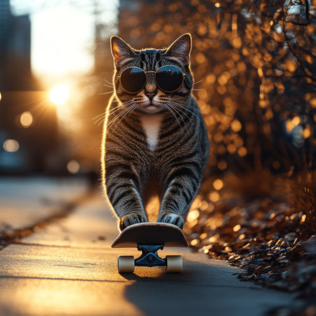 A stylish cat wears sunglasses while confidently riding a skateboard during sunset.の素材