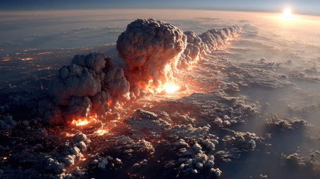 A massive explosion lights up the dusk sky with fiery clouds above the city.の素材