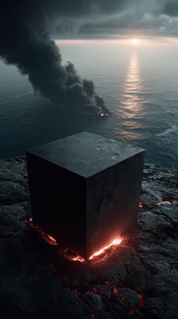 A glowing cube rests on black stone as smoke billows over the water at dusk.の素材