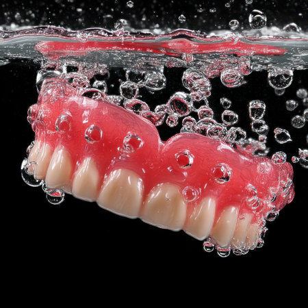 Floating dentures in clear water bring an intriguing visual with bubbles rising around.の素材