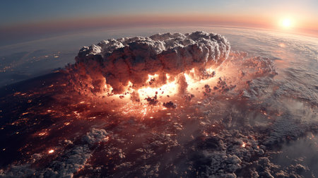 A massive explosion creates a cloud of smoke and fire, glowing against the sunset sky.の素材