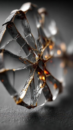 A beautifully crafted glass sculpture shows cracks and warm hues of amber glowing through.の素材