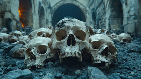 A vast number of skulls rests among stones in an abandoned, eerie setting during twilight.の素材