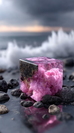 A striking pink crystal block rests on dark stones as waves crash nearby under clouds.の素材