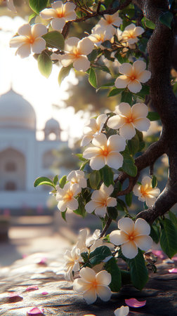White flowers with orange centers bloom by an ancient structure at dawn.の素材