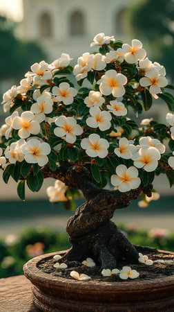 A stunning bonsai tree blooms with white flowers in a peaceful garden setting.の素材