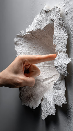 A hand probes a rough wall, uncovering layers and textures beneath.の素材