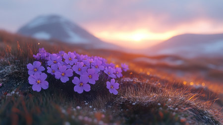 Purple wildflowers glow in the sunset light of a peaceful mountain scene.の素材