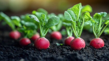 Bright red radishes emerge from the soil, basking in gentle sunlight, showing growth.の素材
