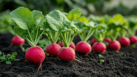 Vibrant radishes with green tops sprout from dark soil in a sunny field.の素材