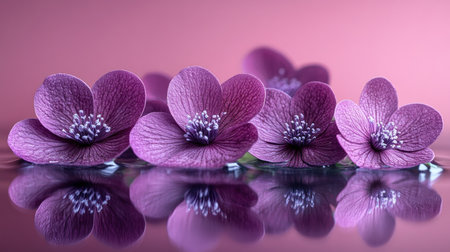 Purple flowers sit on a glossy surface, gently reflecting soft light.の素材