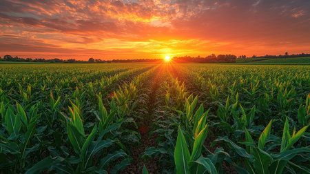 Golden sunlight bathes a cornfield at sunset, creating a serene scene.の素材