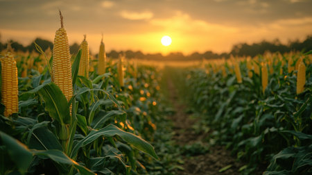 Sunset casts a warm glow over a cornfield filled with tall, vibrant corn plants.の素材