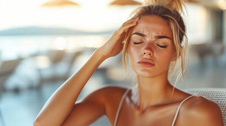A young woman is sitting in a cozy cafe, expressing stress while enjoying the beach view.の素材