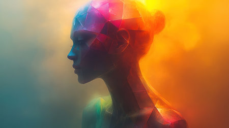 A figure emerges amidst colorful light, reflecting the beauty of imagination and emotion.の素材