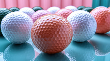 Brightly colored golf balls sit in playful arrangement on a reflective surface indoorsの素材