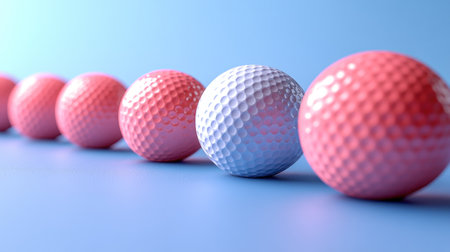 Brightly colored golf balls sit in a neat row, creating a playful and cheerful scene.の素材