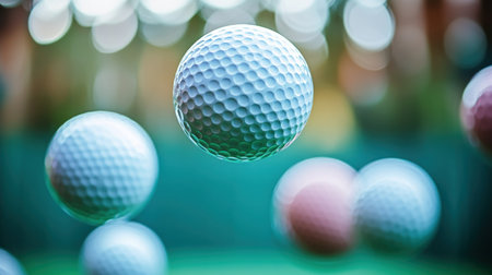 Golf balls float in the sun's glow as nearby practice continues.の素材