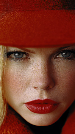 A confident woman in a stylish red hat has stunning blue eyes and red lips.の素材