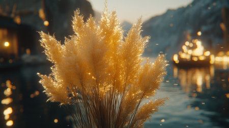 Pampas grass glows warmly as it dances in the breeze near a tranquil lake at dusk.の素材