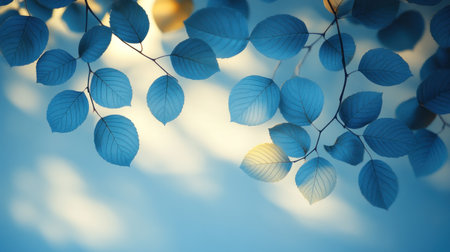 Soft blue leaves dance lightly in a gentle breeze, bathed in warm morning light.の素材